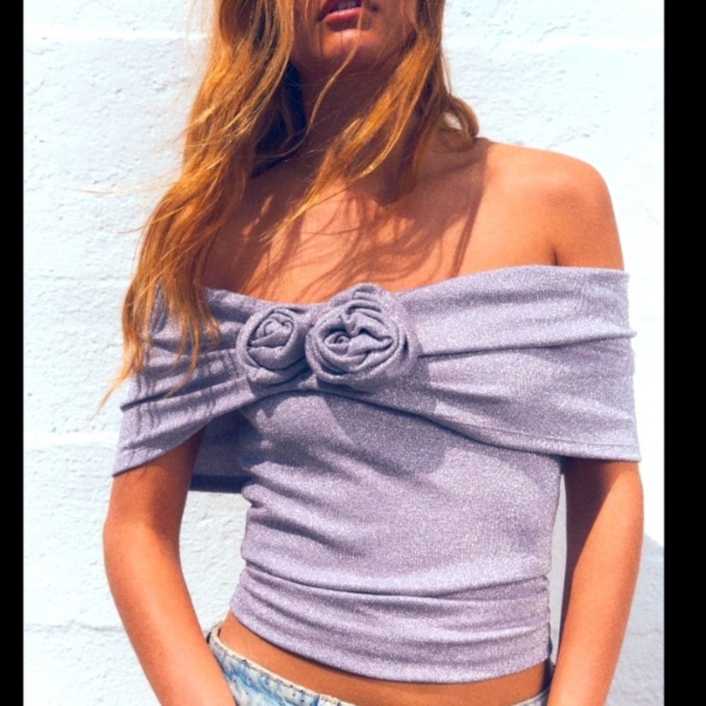 Zara Lilac Metallic Thread Raised Flower Accent Off Shoulder Top NWT